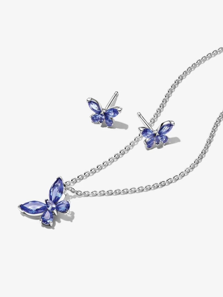 Ensemble- cadeau collier et boucles d'oreilles fixes, papillons scintillants, argent, zircons bleus - B802652 - Pandora