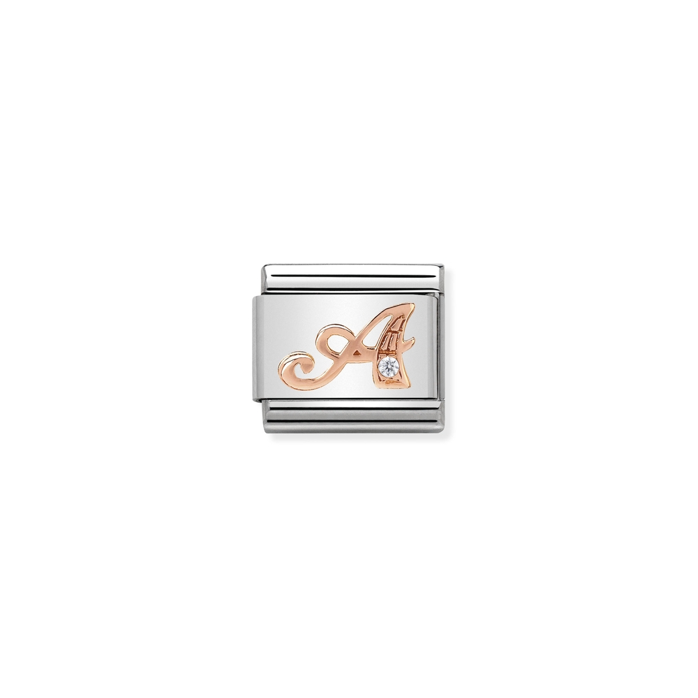 Maille classique lettre A, acier inoxydable, or rose 9k, zircon incolore - 43031001 - NOMINATION