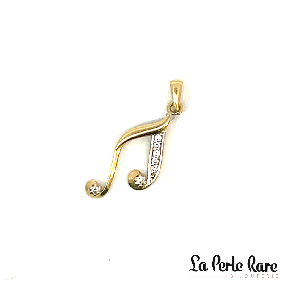 Pendentif note de musique, or jaune 10 carats, zircons incolores