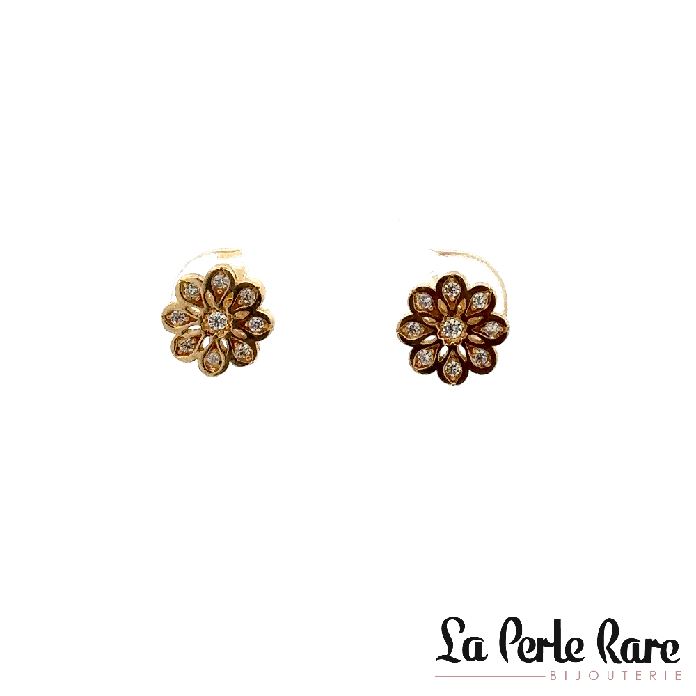 Boucles d'oreilles fixes fleurs, or jaune 14 carats, zircons incolores - 1259 - Exclusivités