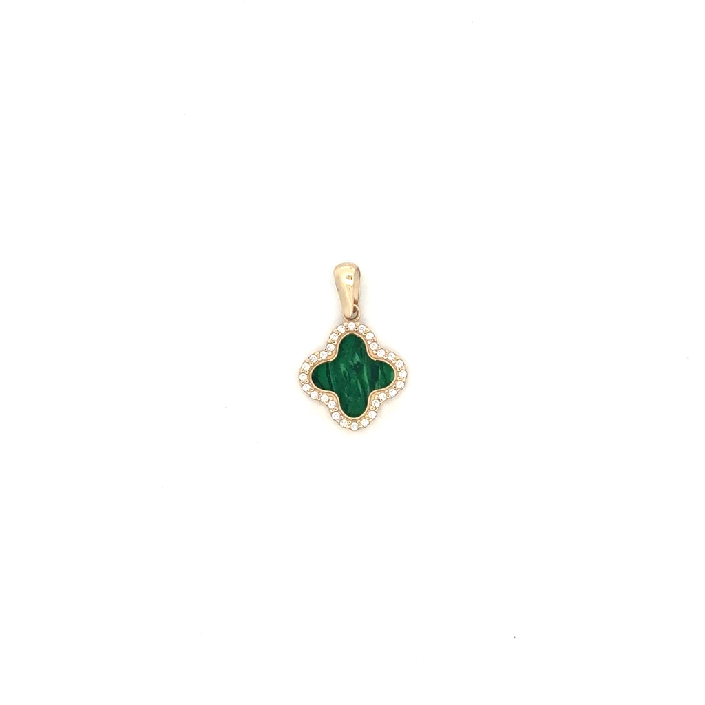 Pendentif de style Van Cleef, or jaune 10 carats, malachite, zircons incolores