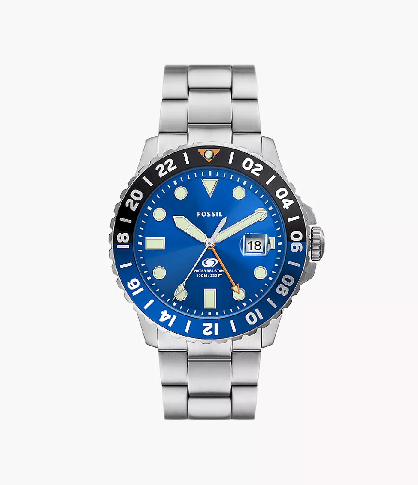 Montre à mouvement GMT, acier inoxydable, fond bleu - FS5991 - Fossil