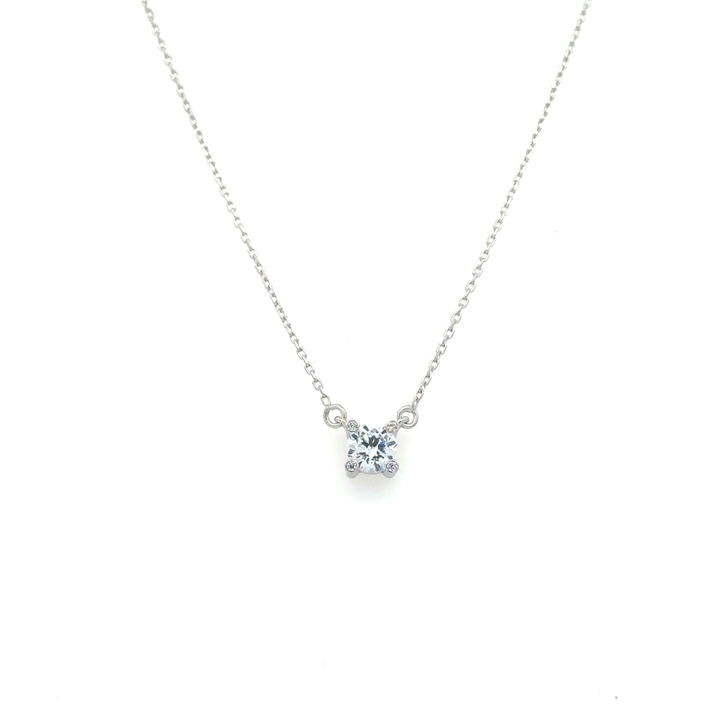 Collier solitaire, or blanc 10 carats, zircon incolore