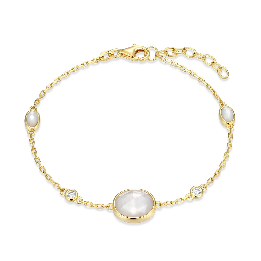 Bracelet argent finition or jaune 18 carats, nacre de perle, zircons incolores