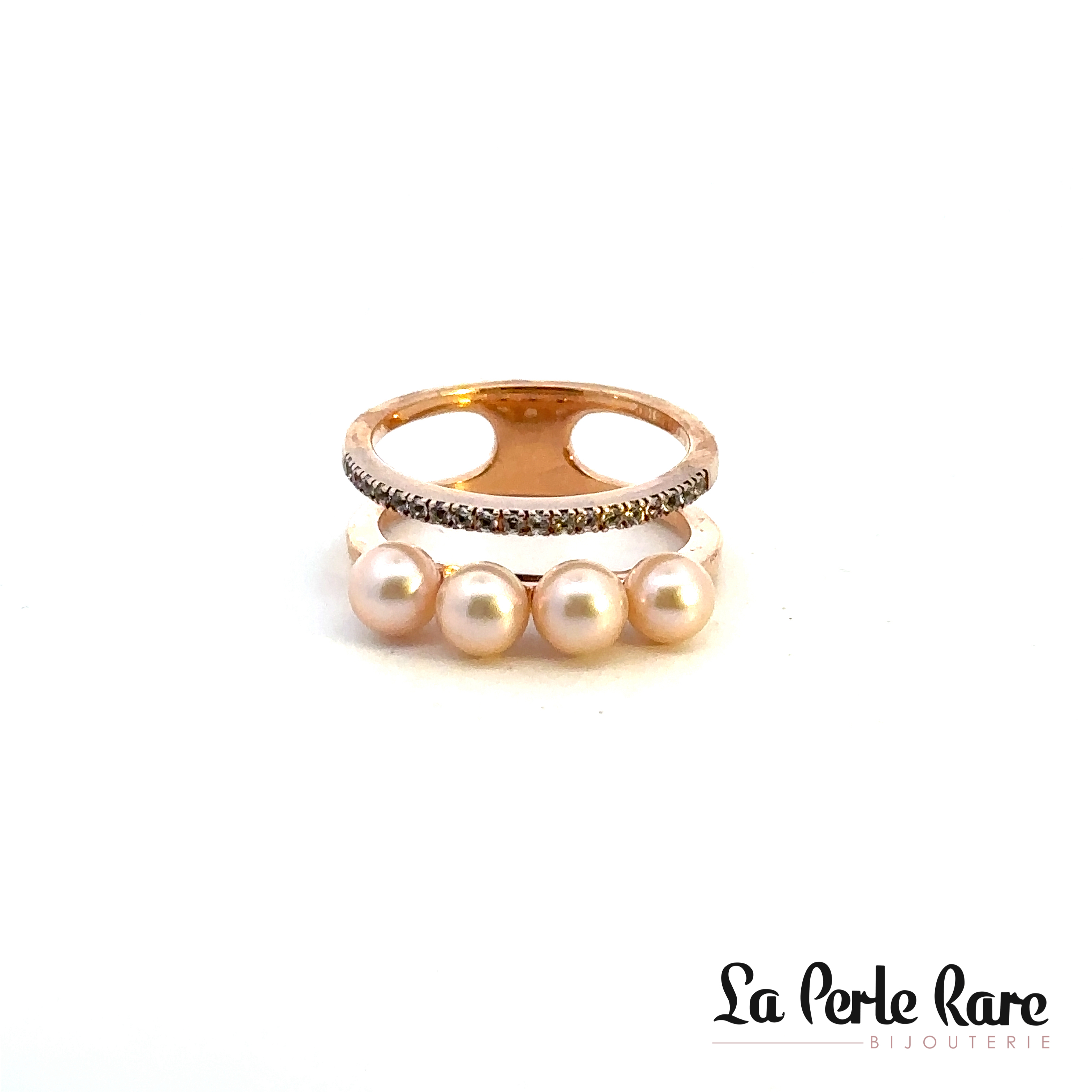 Bague en argent rosé avec perle d'eau douce et zircons - RF57357N07 - Nishi Pearls