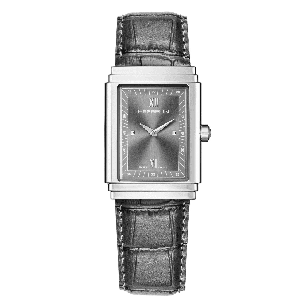 Rectangular black leather steel watch with black mother-of-pearl dial