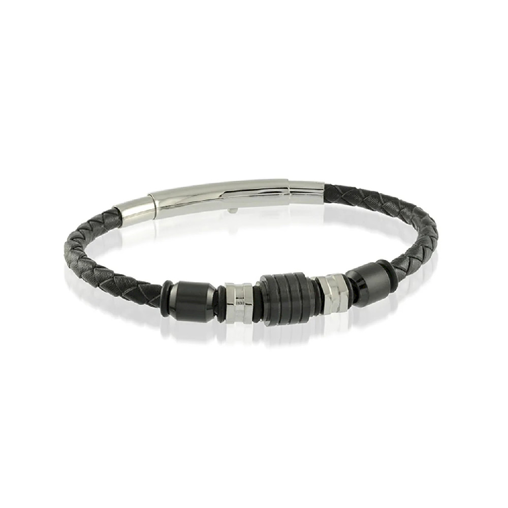 Bracelet cuir noir tressé, acier inoxydable 2 tons (blanc/noir), silicone noir - SLB132 - Italgem Steel