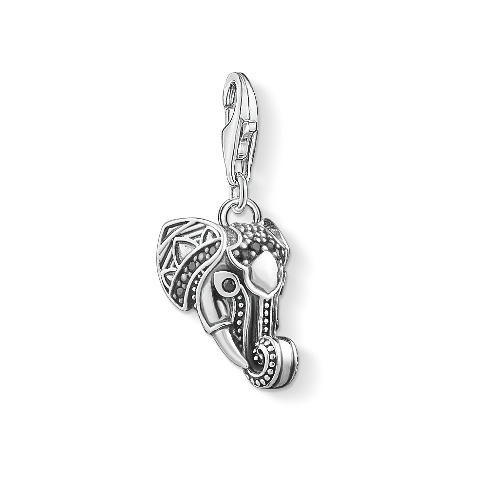 Charm tête d'éléphant, argent, zircons noirs Charm tête d'éléphant, argent, zircons noirs