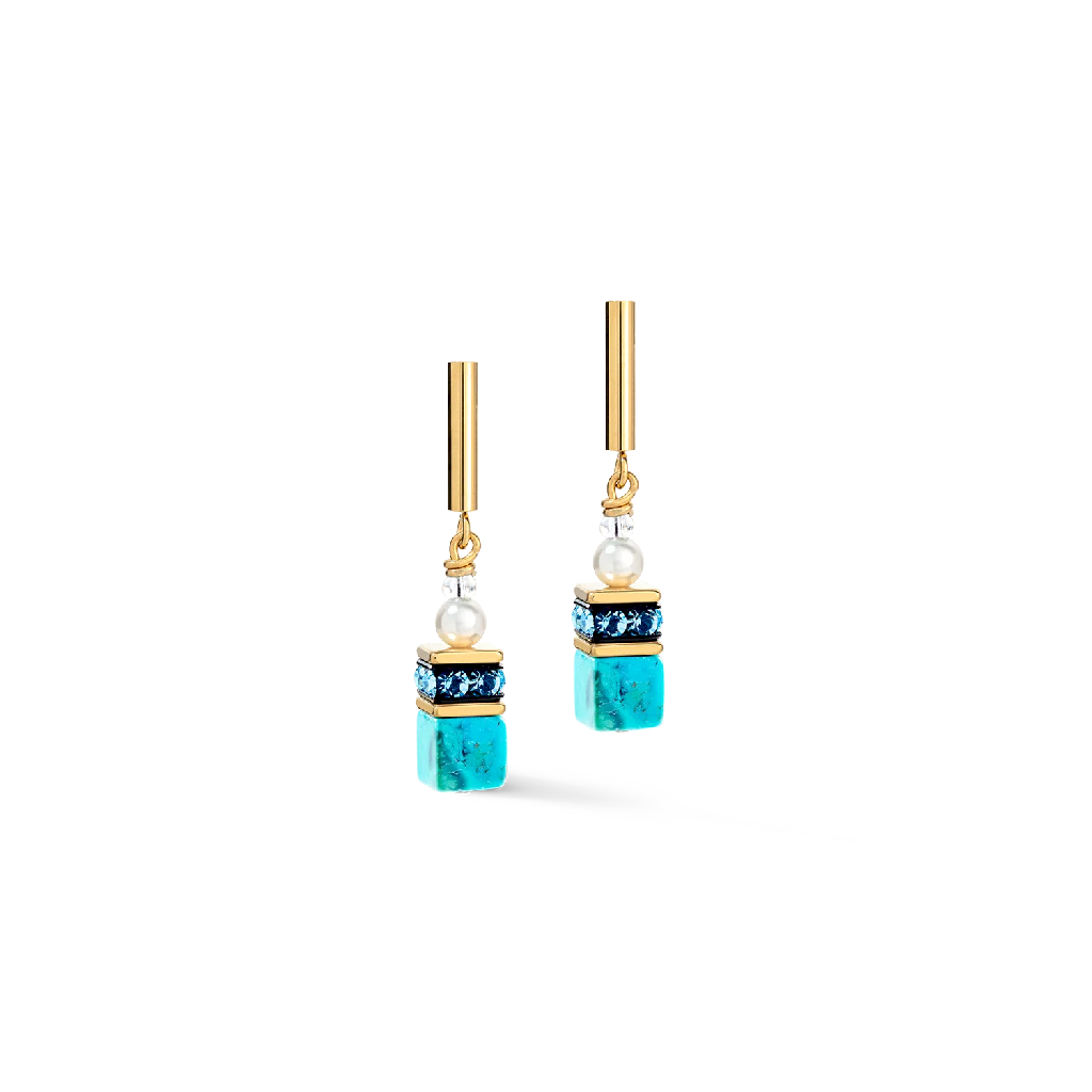 Boucles d’oreilles pendantes GeoCube, acier inoxydable doré, verre, cristaux, perles