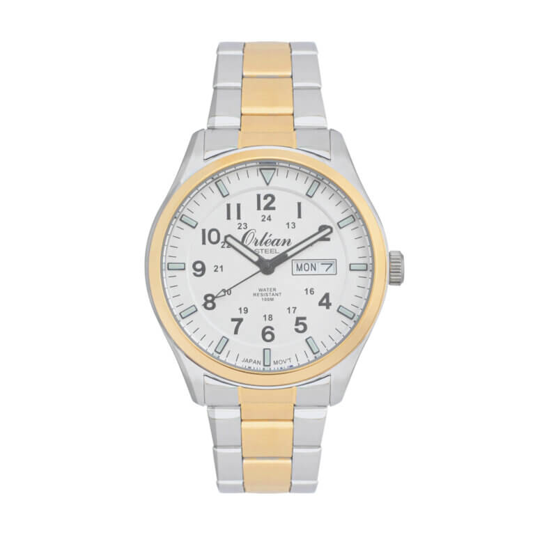 Montre acier inoxydable 2 tons (jaune/blanc), fond blanc - ME3455 - Orlean