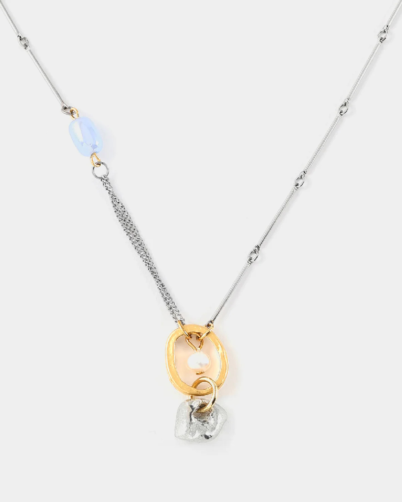 Collier étain 2 tons (blanc et jaune), perle d'eau douce, verre coloré