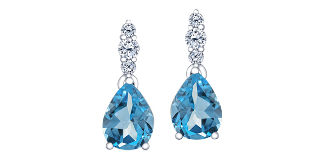 Boucles d'oreilles pendantes or blanc 10 carats, topazes bleues, 20 points de diamants total, certificat - E4683W-10 - Corona