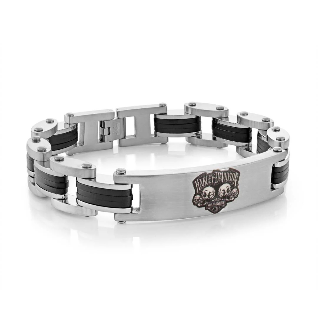 Bracelet Harley Davidson en tête de mort, acier inoxydable 2 tons (argenté et noir)