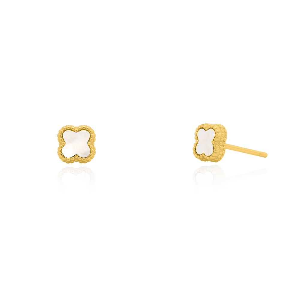 Boucles d'oreilles fixes de style Van Cleef, argent finition or jaune, nacre de perle