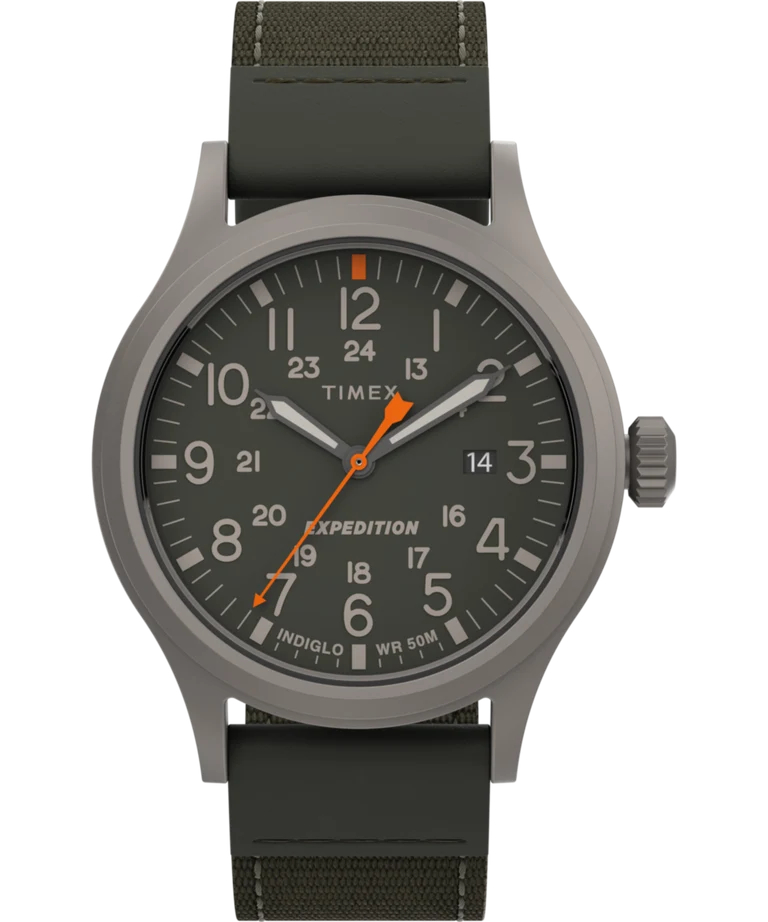 Montre Expedition, bracelet nylon vert, métal gris, fond vert