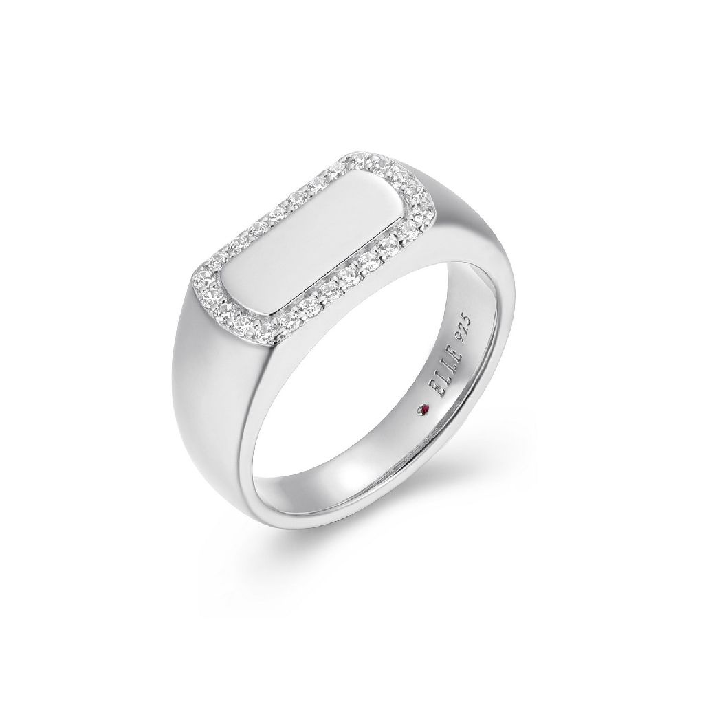 Bague chevalière, argent rhodié, zircons incolores - R4LAK200AC - Elle