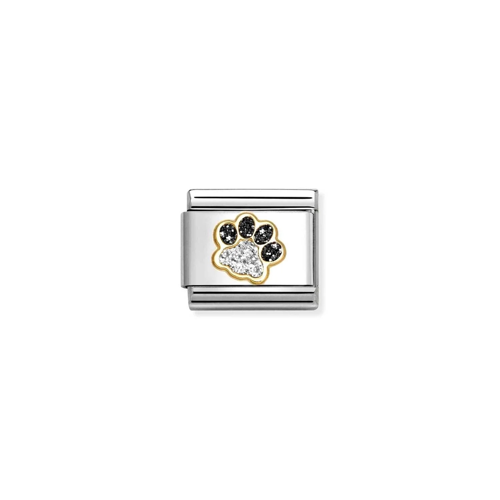 Maille classique empreinte de patte, acier inoxydable, finition or jaune 18 carats, paillettes noires et argentées