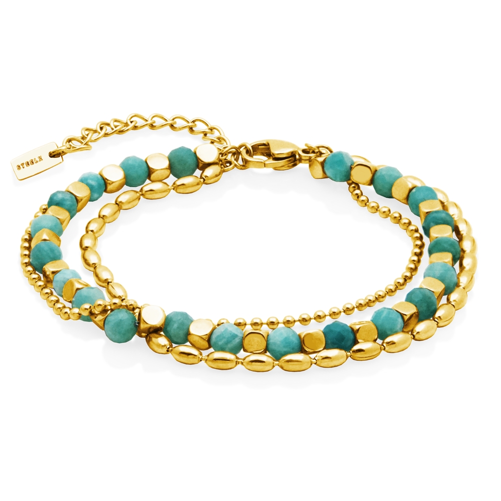 Bracelet double acier doré, amazonites Bracelet double acier doré, amazonites