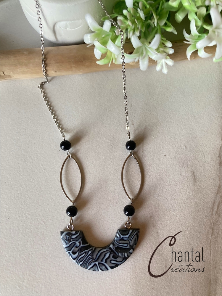 Collier Coralie noir, argile polymère, acier inoxydable - 25-CO-14 - Création Chantal