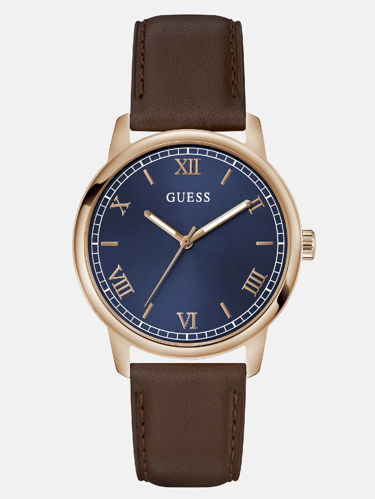 Montre cuir brun, acier inoxydable rosé, fond bleu