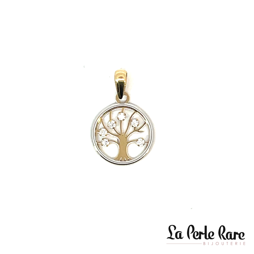 Pendentif arbre de vie, or 2 tons (jaune/blanc) 10 carats, zircons incolores - 10656-C - Exclusivités