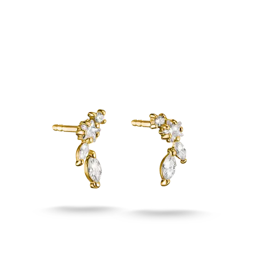 Boucles d'oreilles fixes alliage premium plaqué or 18 carats, zircons incolores