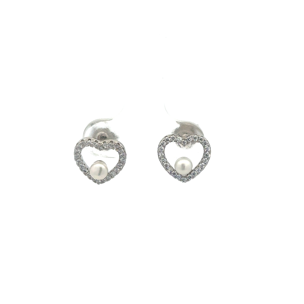 Boucles d'oreilles fixes coeurs, argent, perles, zircons incolores