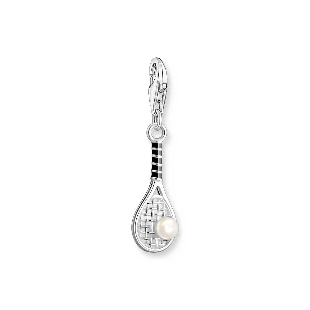 Charm raquette de tennis, argent, perle, émail noir