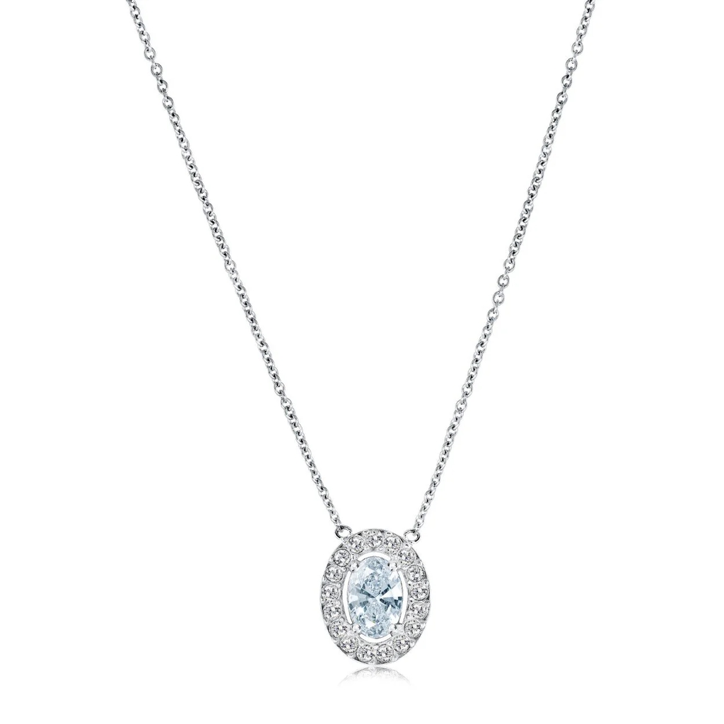 Collier halo ovale, acier inoxyable, zircons incolores