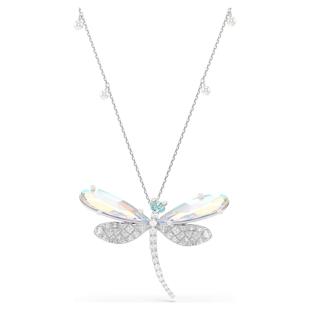 Pendentif et broche Ariana Grande libellule, métal rhodié, cristaux incolores