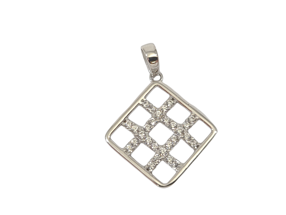 Pendentif carré, or blanc 10 carats, zircons incolores - POZ-1642-B - Exclusivités