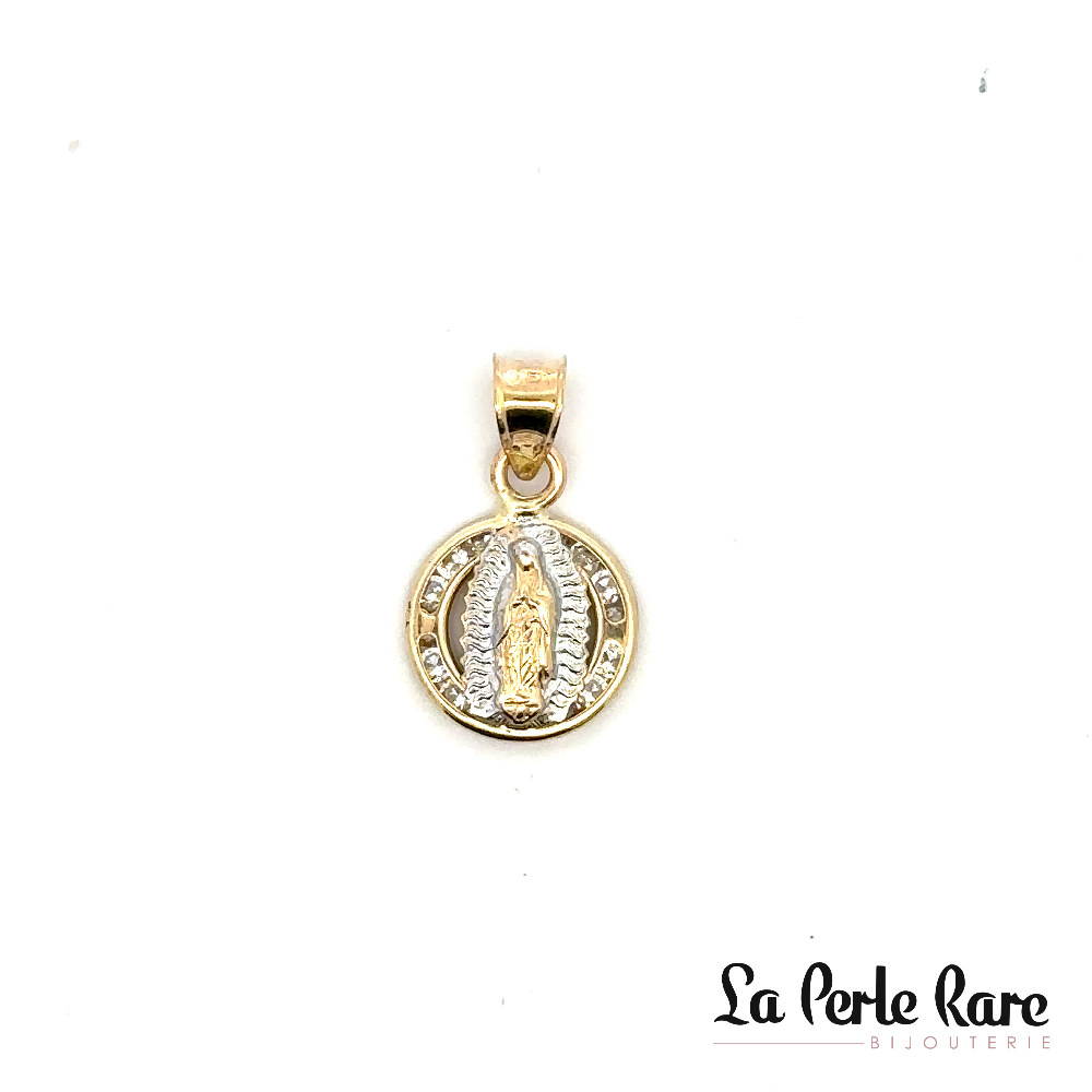 Pendentif religieux, or 2 tons (jaune/blanc) 10 carats, zircons incolores