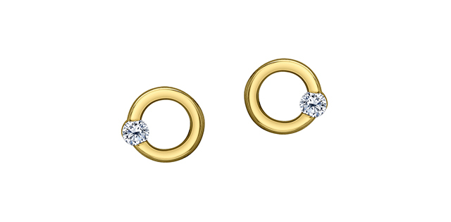 Boucles d'oreilles fixes rondes, or jaune 10 carats, 10 points de diamants total, certificat - E4678-10-10 - Corona