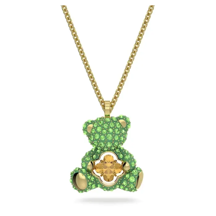 Pendentif ourson, métal doré, cristaux verts