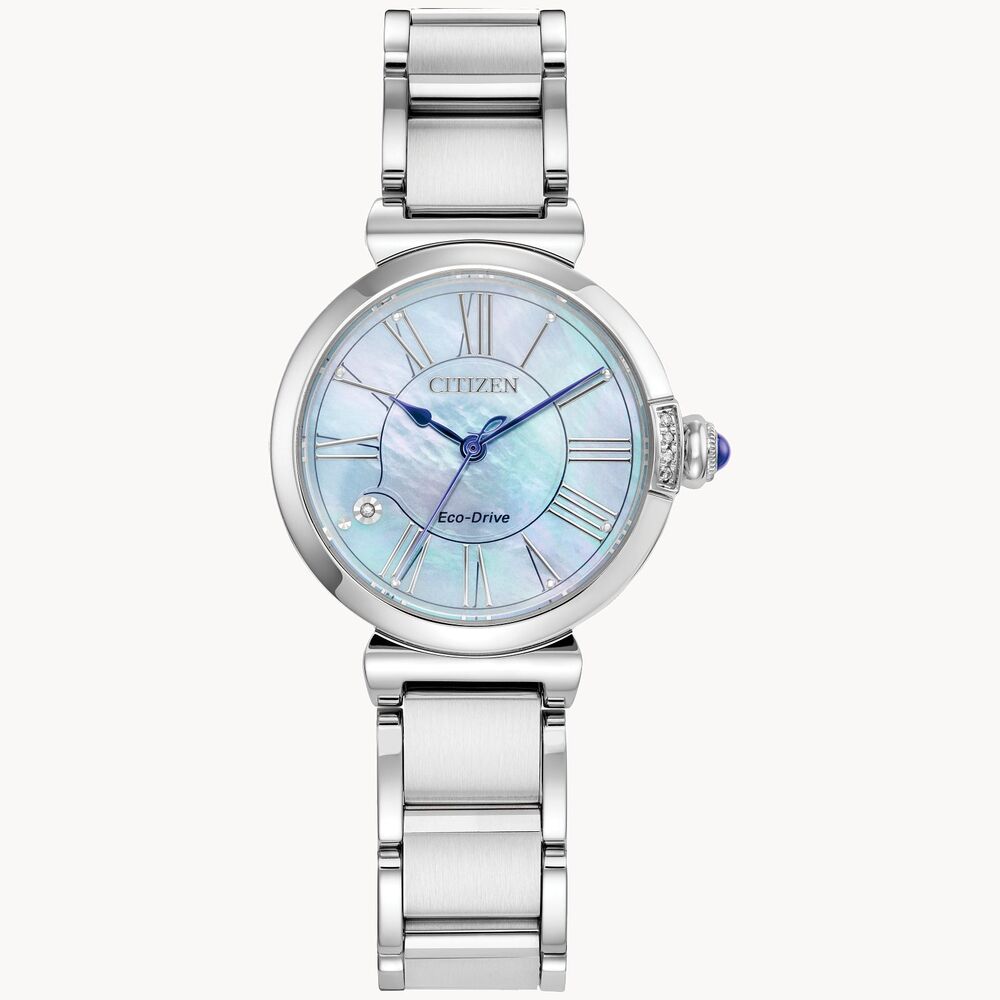 Montre eco-drive, acier, fond nacré bleu, diamants