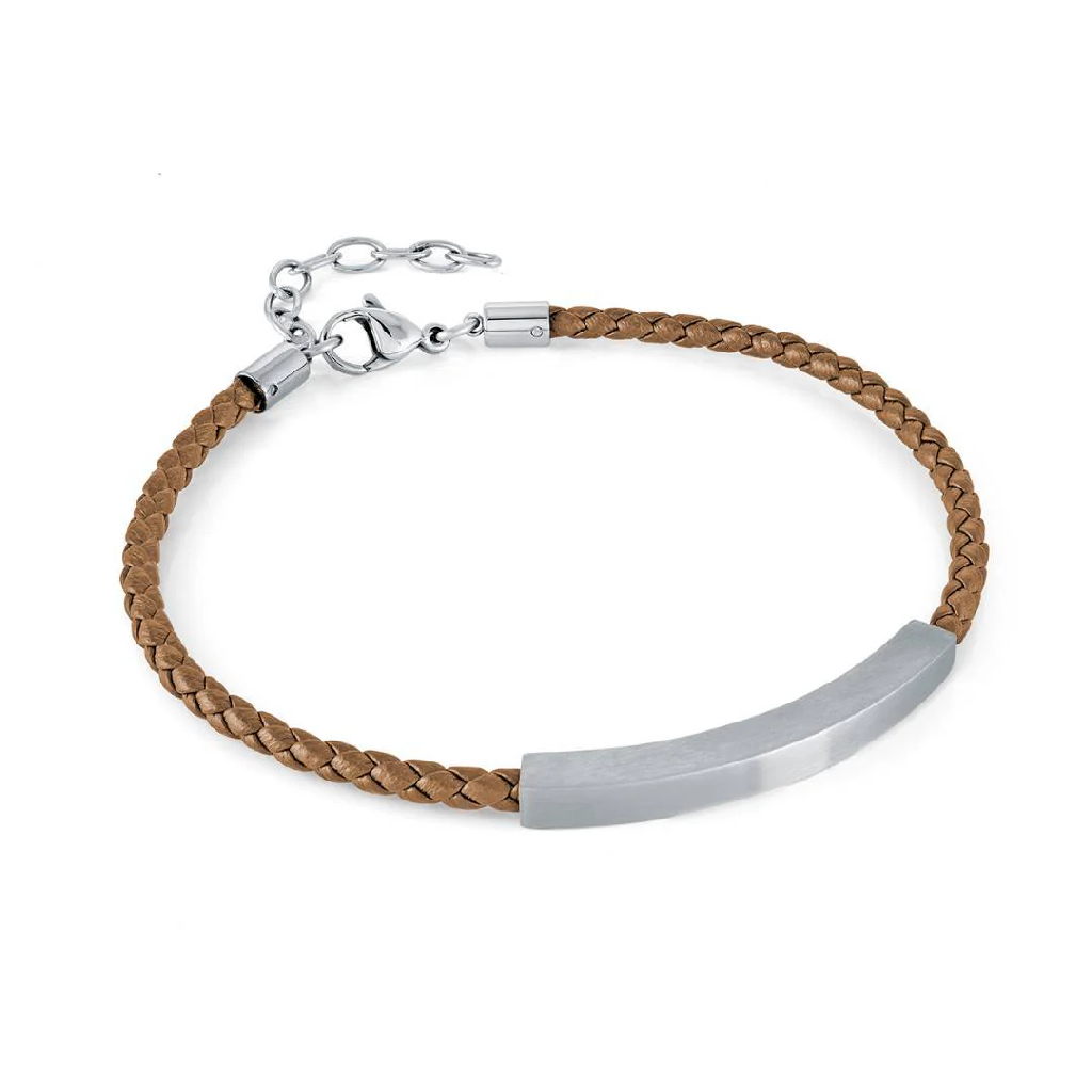 Bracelet cuir brun tressé, acier inoxydable