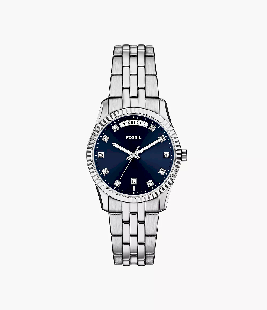 Montre acier inoxydable, fond bleu, zircons incolores