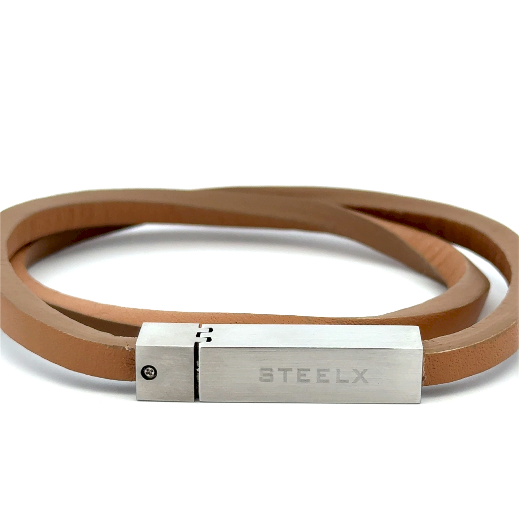 Bracelet double, cuir beige, acier inoxydable