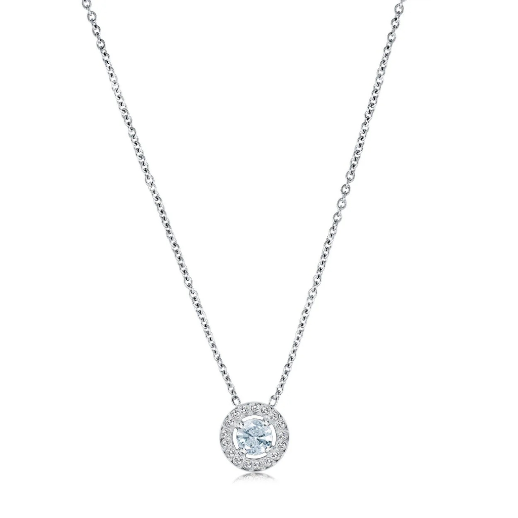 Collier halo rond, acier inoxydable, zircons incolores