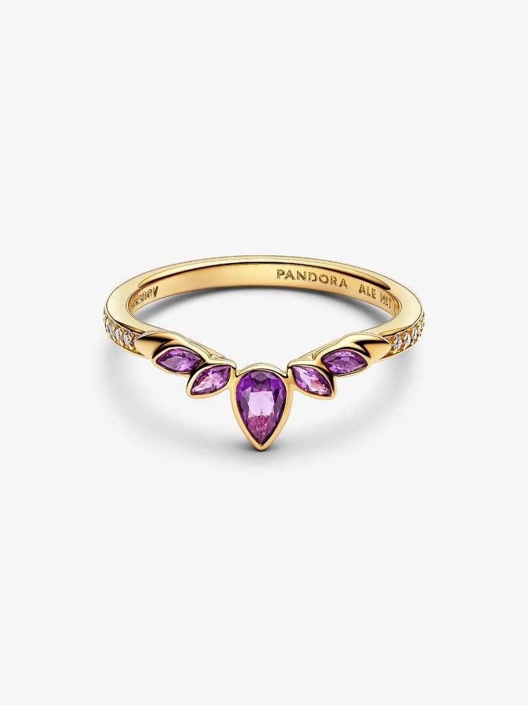Bague Disney, tiare de Anna Reine des Neiges, métal unique plaqué d'or 14 carats, cristaux mauves, zircons incolores
