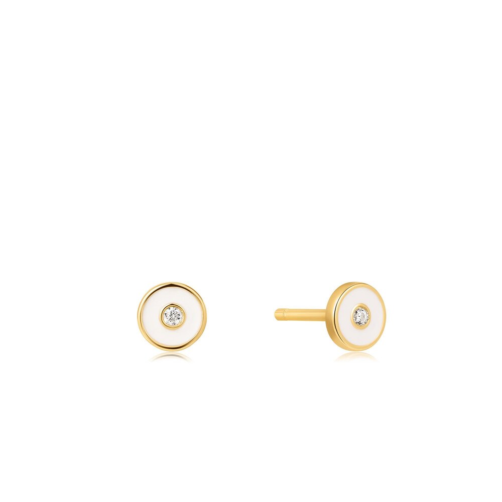 Boucles d'oreilles fixes en argent doré avec émail blanc et zircons - E028-02G-W - Ania Haie