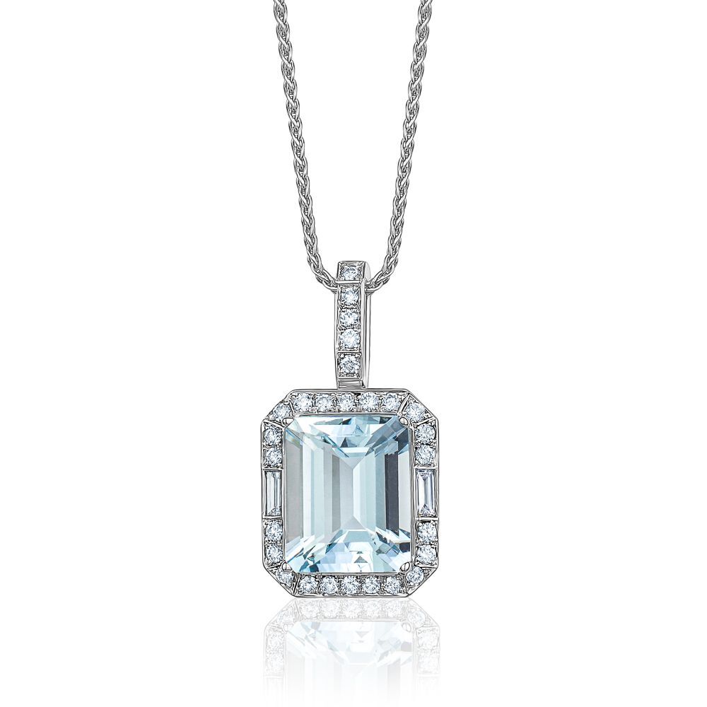 Pendentif or blanc 18 carats, aigue-marine, 47 points de diamant total - ANP3875AQ - Exclusivités