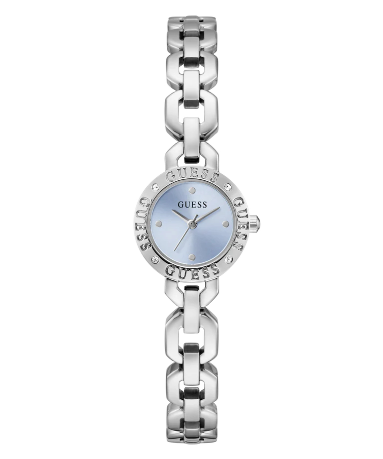Montre GUESS acier inoxydable, fond bleu, zircons incolores
