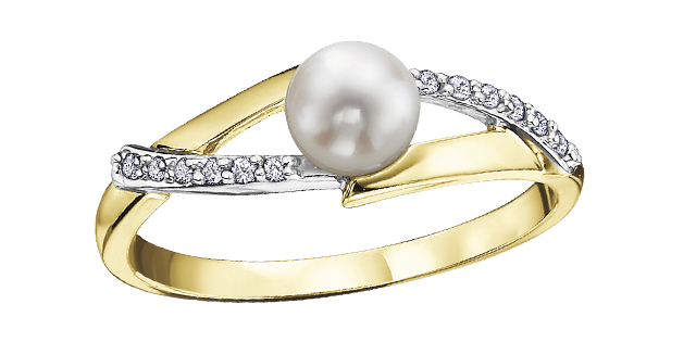 Bague or 2 tons (jaune et blanc) 10 carats, 6 points de diamant total, perle - DD2246 - Corona