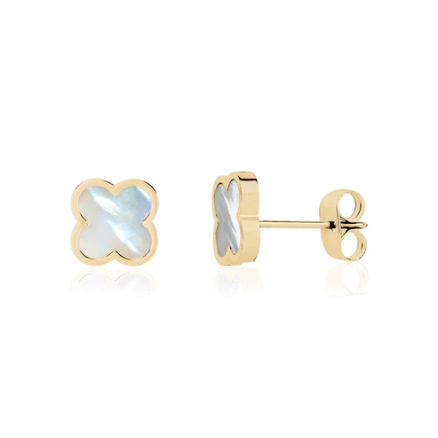 Boucles d'oreilles fixes de style Van Cleef, acier inoxydable doré, nacre de perle - ZW-E48G - Arz Steel
