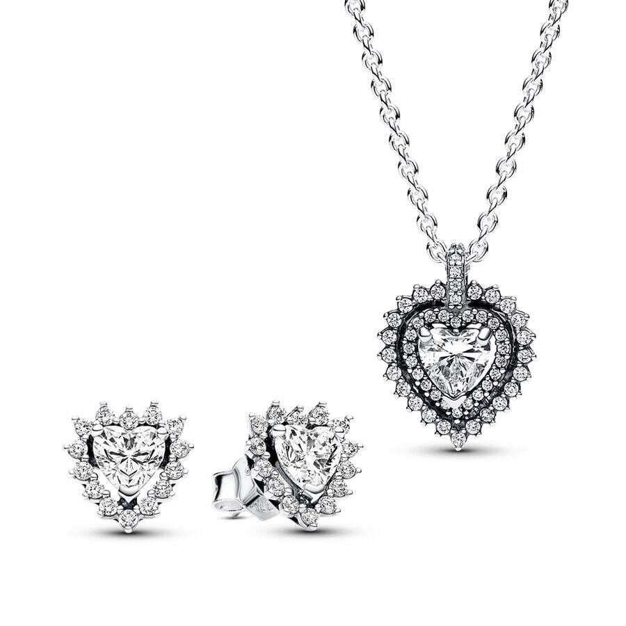 Ensemble-cadeau halo double coeur, collier/bo, argent, zircons Ensemble-cadeau halo double coeur, collier/bo, argent, zircons