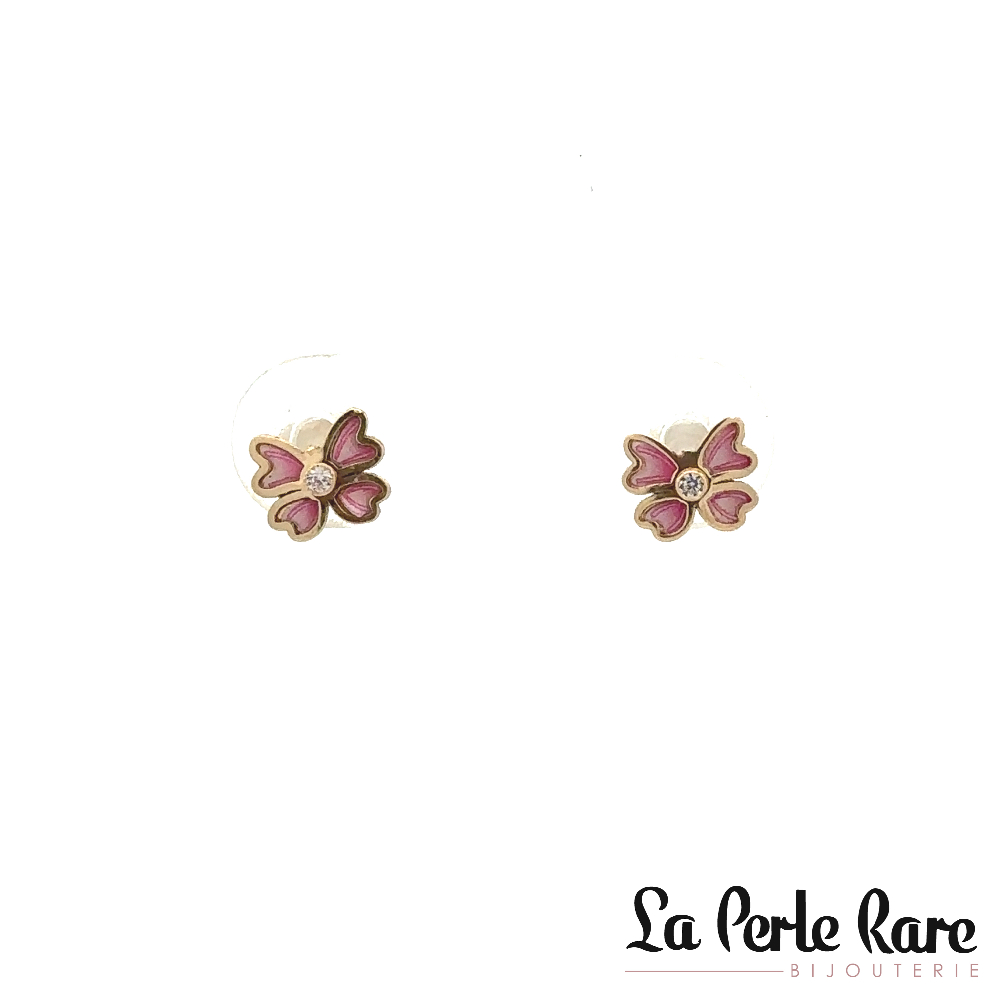 Boucles d'oreilles fixes vissées papillons, or jaune 10 carats, émail rose, zircons incolores - 13582-BO-ROSE - Exclusivités