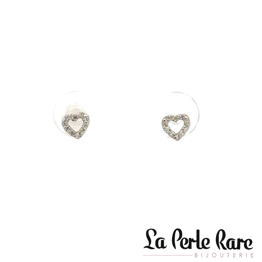 Boucles d'oreilles fixes coeurs, or blanc 10 carats, zircons incolores - 11253-5B - Exclusivités