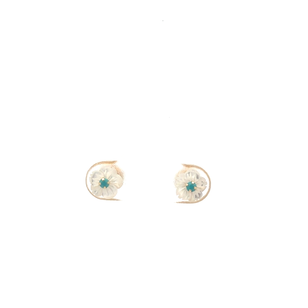 Boucles d'oreilles fixes fleurs or jaune 10 carats, nacre de perle et turquoises - 10595-BLEU - Exclusivités