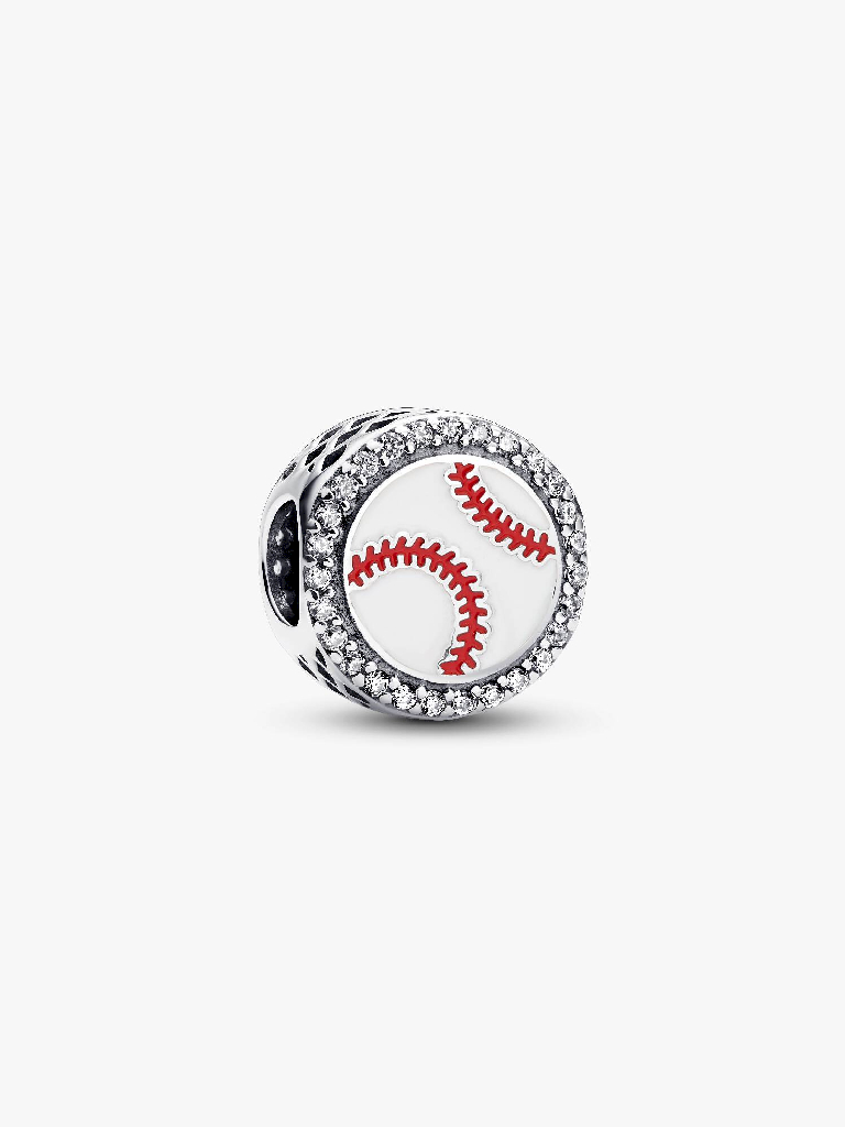 Bille balle de baseball, argent, émail blanc et rouge, zircons incolores